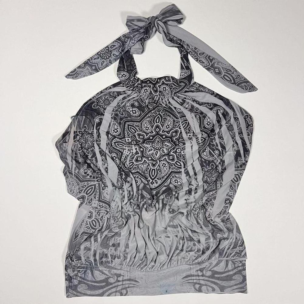 Vintage Y2K Dots Grey Grunge Patterned Halter Top